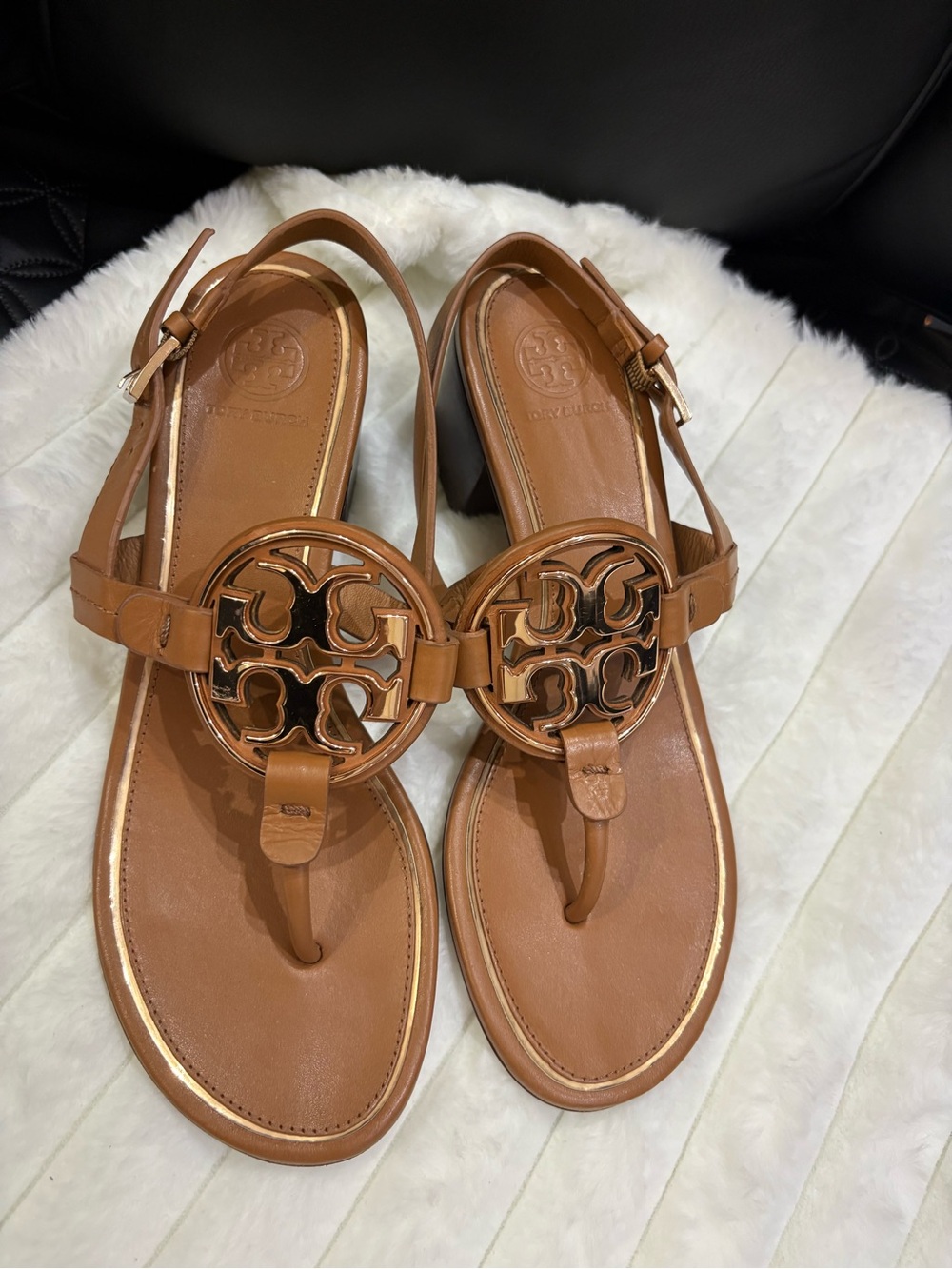 Tory Burch Cognac Leather Logo Thong Sandals